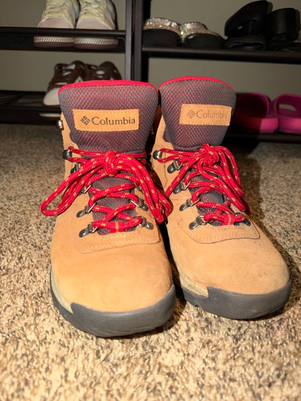 Columbia Tan Suede Lace-Up Boots with Red Laces